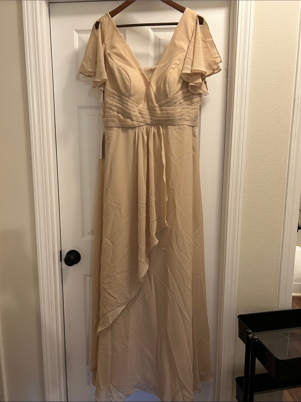 V-Neck Flutter Sleeve Maxi Dress in Champagne